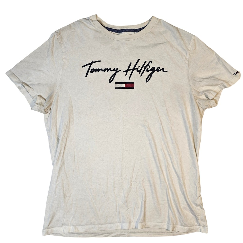 Tommy Hilfiger Denim Mens Small Cream Script Logo Flag T-Shirt Off White Short S